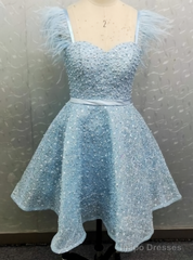 Sparkly Pink Beads Straps Homecoming Dress With Feather