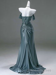 Steel Blue Silk Evening Prom Dress - Corset Back Evening Prom Dress with Off-the-Shoulder Design Plus Size