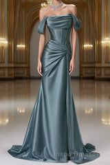 Steel Blue Silk Evening Prom Dress - Corset Back Evening Prom Dress with Off-the-Shoulder Design Plus Size