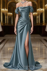 Steel Blue Silk Evening Prom Dress - Corset Back Wedding Dress with Off-the-Shoulder Design Plus Size