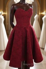 Strapless Backless Burgundy Lace Short Evening Prom Dress, Short Burgundy Lace Homecoming Dress