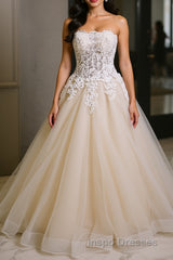 Strapless Champagne Long Evening Prom Dress with Lace Appliques, Champagne Lace Formal Evening Dress