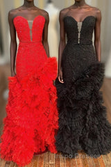 Strapless Cut-Out Back Ruffle Layers Mermaid Evening Prom Dress
