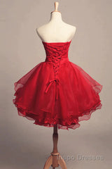 Strapless High Low Red Lace Evening Prom Dress, High Low Red Homecoming Dress, Short Red Lace Formal Graduation Evening Dress