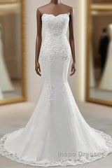 Strapless Lace Appliques Bride Gown Long Mermaid Wedding Gown With Beadings