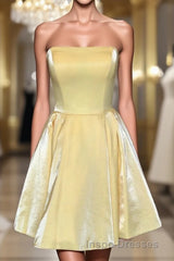 Strapless Lace-Up Yellow Satin Homecoming Dress,Short Cocktail Dress
