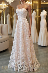 Strapless Pink Lace Long Evening Prom Dress, Pink Lace Formal Graduation Evening Dress