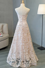 Strapless Pink Lace Long Evening Prom Dress, Pink Lace Formal Graduation Evening Dress