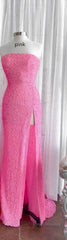 Strapless Pink Sequins Evening Prom Dress with Slit,Sparkly White Night Dress Party Event