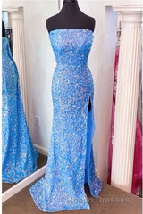 Strapless Pink Sequins Evening Prom Dress with Slit,Sparkly White Night Dress Party Event