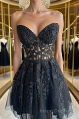 Strapless Short Black Lace Evening Prom Dress, Short Black Lace Formal Homecoming Dress