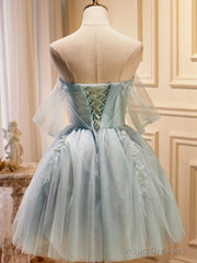 Strapless Short Green Tulle Prom Dresses, Short Green Tulle Beaded Formal Graduation Dresses