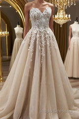 Strapless Sweetheart Neck Champagne Lace Appliques Long Evening Prom Dress, Champagne Lace Floral Formal Evening Dress