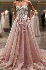 Strapless Sweetheart Neck Pink Lace Appliques Long Evening Prom Dress, Pink Lace Floral Formal Dress, Pink Evening Dress