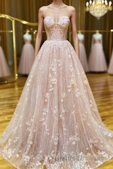 Strapless Sweetheart Neck Pink Lace Long Evening Prom Dress, Pink Lace Formal Graduation Evening Dress