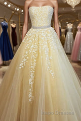 Strapless Yellow Lace Long Evening Prom Dress, Yellow Lace Formal Evening Dress