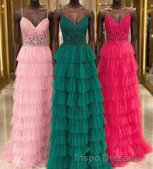 Straps Pink Lace Corset Layered Tulle Formal Dress