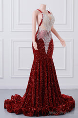 Straps Red Beading Sequin Prom Dresses Mermaid Long Party Dresses