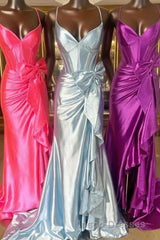Straps V-Neck Satin Mermaid Evening Prom Dress with Bow