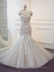 Stunning Long Mermaid Spaghetti Strap Lace Wedding Dresses