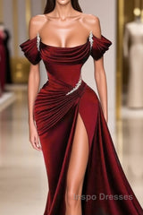 Stunning Off-The-Shoulder Mermaid Evening Prom Dress Ruffles With High Split