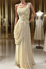 Stunning One Shoulder Beaded Sequin Chiffon Long Evening Prom Dress Formal Evening Dress Simple Wedding Dress
