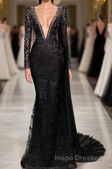 Stylish Black A-line Mermaid Evening Prom Dress Deep V-Neck Beadings Long Sleeves Evening Prom Dress