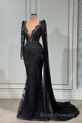 Stylish Black A-line Mermaid Evening Prom Dress Deep V-Neck Beadings Long Sleeves Evening Prom Dress