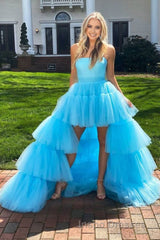 Stylish High Low Strapless Fuchsia Evening Prom Dress with Ruffles