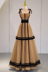 Stylish Tulle Long A-Line Prom Dress, Unique Spaghetti Strap Evening Dress