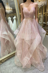 Stylish V Neck Backless Rose Gold Long Evening Prom Dress, Backless Rose Gold Formal Dress, Fluffy Rose Gold Evening Dress
