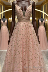 Stylish V Neck Pink Long Evening Prom Dress with Stars Sequins, Long Pink Formal Evening Dress
