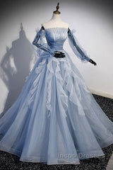 Sweet And Elegant Sky Blue Beaded Sequins Off The Shoulder Long Sleeved Ball Dress Sky Blue A-Line/Princess Strapless Backless Strap And Ground Length Evening Prom Dress