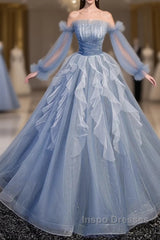 Sweet And Elegant Sky Blue Beaded Sequins Off The Shoulder Long Sleeved Ball Dress Sky Blue A-Line/Princess Strapless Backless Strap And Ground Length Evening Prom Dress