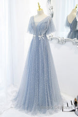 Sweet And Elegant Sky Blue Beaded Short Sleeved Sheer Ball Dress With Sky Blue A-Shaped Backless Strap And Ground Length Evening Prom Dress