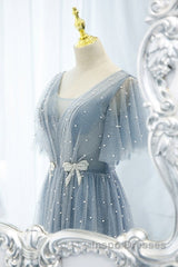 Sweet And Elegant Sky Blue Beaded Short Sleeved Sheer Ball Dress With Sky Blue A-Shaped Backless Strap And Ground Length Evening Prom Dress