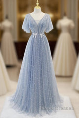 Sweet And Elegant Sky Blue Beaded Short Sleeved Sheer Ball Dress With Sky Blue A-Shaped Backless Strap And Ground Length Evening Prom Dress