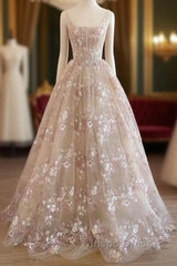 Sweet Light Champagne A-Line Tulle Sequin Applique Long Evening Prom Dress Evening Prom Dress Birthday Dress