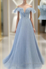 Sweet Sky Blue Sparkling Pleated Short Sleeved Off Shoulder Ball Dress Sky Blue A-Line Princess Backless Tie With Ruffle Edge And Floor Length Evening Dress