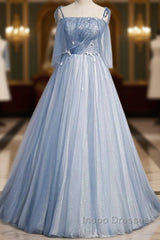 Sweet Sky Blue Thin Shoulder Strap Sleeveless Applique Lace Bead Dress Dress With Sky Blue A-Line Glittering Thin Gauze Open Back Strap Long Ruffle Edge Evening Dress