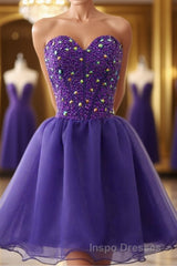 Sweetheart Neck Beaded Dark Purple Short Evening Prom Dress, Strapless Dark Purple Homecoming Dress, Dark Purple Beaded Formal Evening Dress