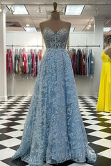 Sweetheart Neck Blue Lace Appliques Long Evening Prom Dress with Long Sleeves, Blue Lace Floral Formal Graduation Evening Dress