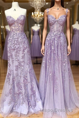 Sweetheart Neck Purple Lace Long Evening Prom Dress, Strapless Purple Formal Dress, Mermaid Purple Evening Dress