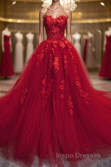 Sweetheart Neck Red Lace Floral Long Evening Prom Dress, Red Lace Formal Evening Dress, Red Ball Gown
