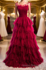 A-Line Long Spaghetti Strap Evening Prom Dress, Cute Layers Tulle Evening Prom Dress