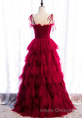 A-Line Long Spaghetti Strap Evening Prom Dress, Cute Layers Tulle Evening Prom Dress