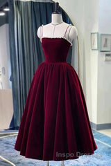 Tea Length Velvet Evening Prom Dress, Velvet Tea Length Formal Homecoming Dress