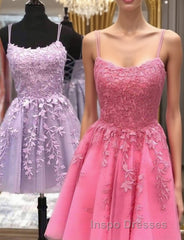 Thin Straps Short Purple Pink Lace Evening Prom Dress, Short Purple Pink Lace Graduation Homecoming Dress