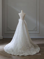 Timeless A Line V Neckline Sequin Sleeveless White Wedding Dress Brides Dress