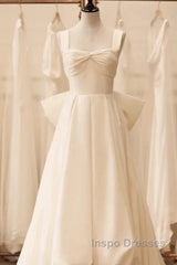 Timeless High Low Square Neckline Long White Satin Wedding Dress